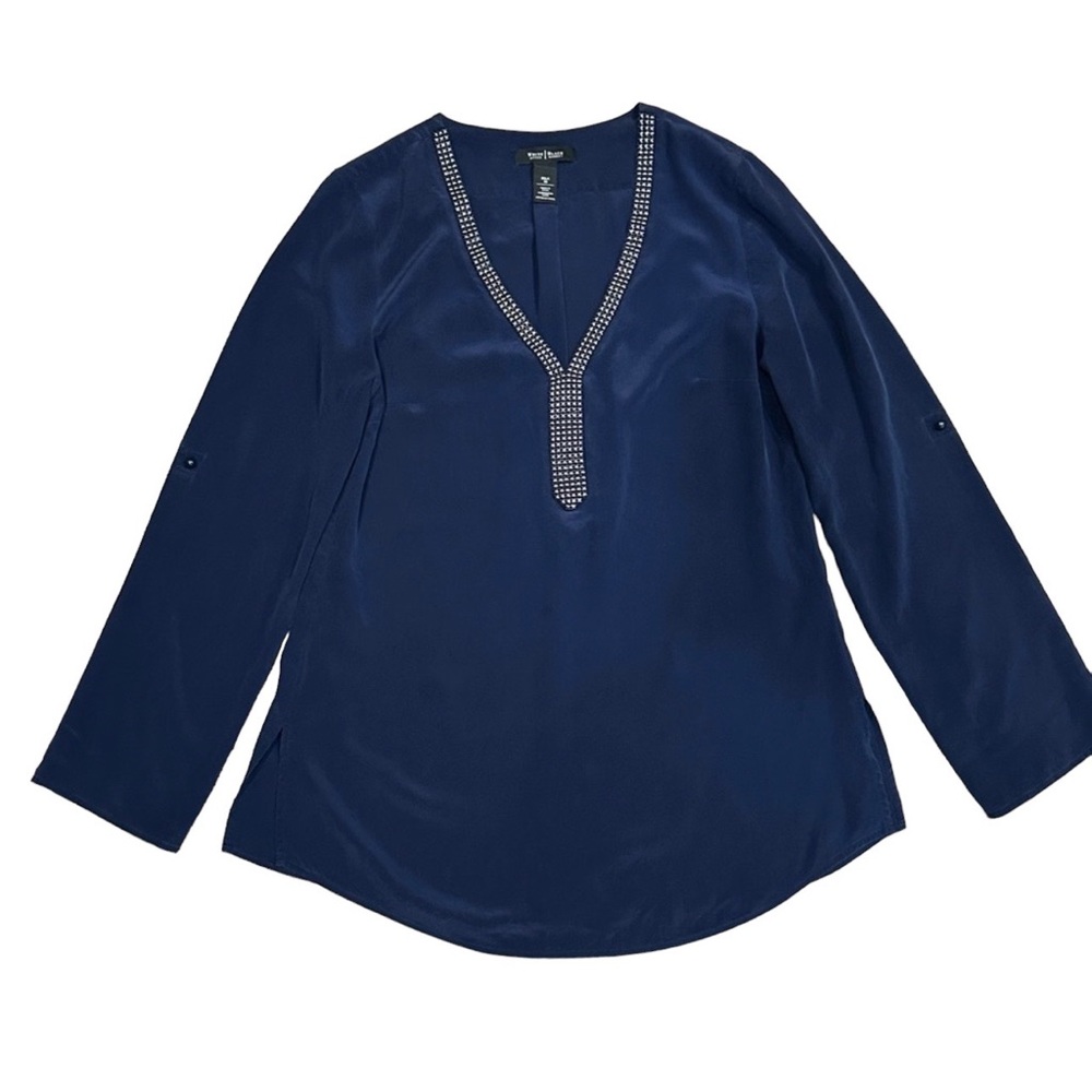 White House Black Market Silk Dark Blue Blouse. Size 10